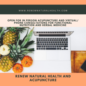 Image of a laptop and assorted fruit that has text that reads Open For Virtual Wellness, Functional Nutrition and Herbal Medicine Consultations.