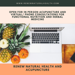 Image of a laptop and assorted fruit that has text that reads Open For Virtual Wellness, Functional Nutrition and Herbal Medicine Consultations.